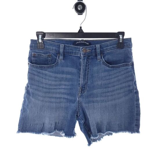 Calvin Klein Jeans High Rise Women's 6/28 Solid Blue Raw Hem Denim Jean Shorts - Picture 1 of 7